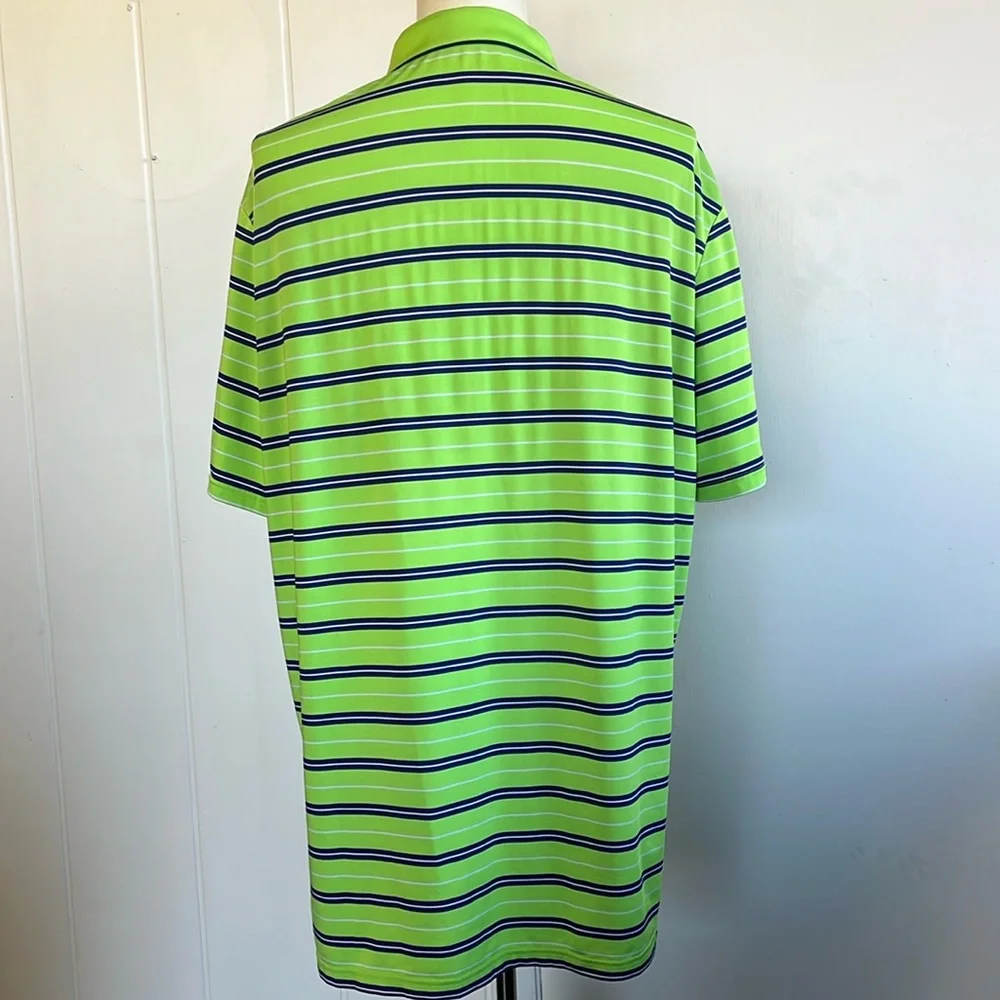 RLX Ralph Lauren Golf Polo Blue & Lime Green Stripes S/S Logo on Sleeve Men XL